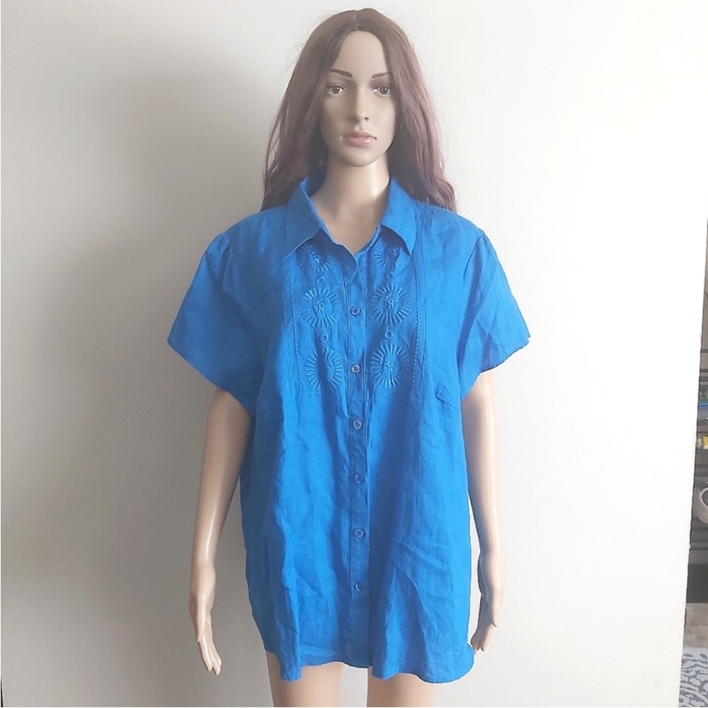 Ecologie linen top size 2X blue button down short sleeves collared shirt